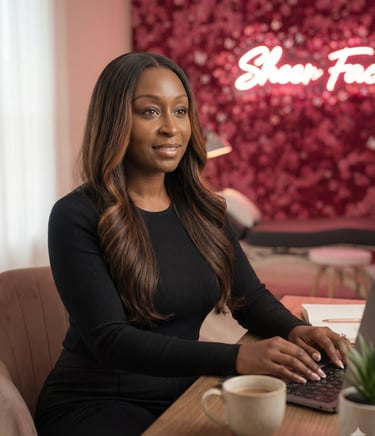 Licensed beauty professional working at a desk transitioning from client services to digital income”