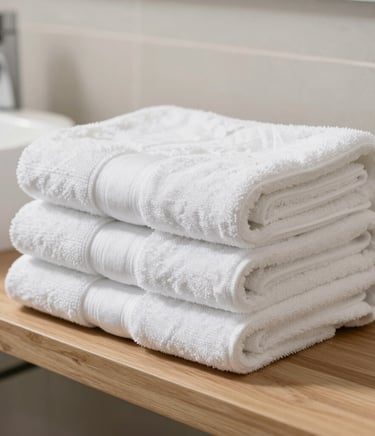 A detailed close-up shot of a pristine, neatly folded stack of premium white bath towels resting on a beautiful light wooden shelf in a luxurious modern resort bathroom in South Lake Tahoe, California. Clear, clean, bright morning lighting.