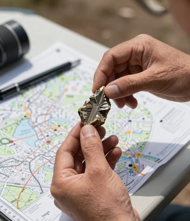 Close environmental shot of a geologist's hands holding a core sample over a field survey table, mineral striations clearly visible under north-facing outdoor daylight, site map and measurement tools laid flat on the table surface, shallow depth of field emphasizing the specimen