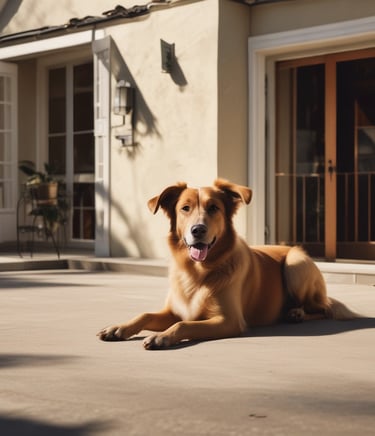 Perro tomando el sol en la terraza de una casa.