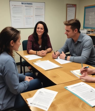 Advisors meeting with a parent reviewing US boarding school options.