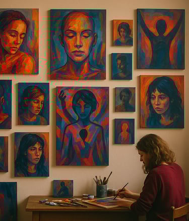 Artist painting expressive faces in a cozy studio full of trauma-themed artwork.