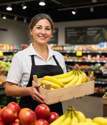 Vendedora sorridente bananas supermercado ofertas de supermercados