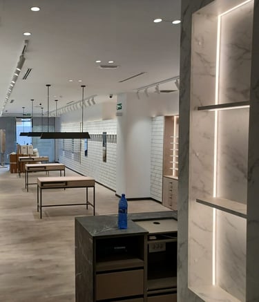 Decoración interior para ópticas en proceso de obra. Proyecto MSDecop con mobiliario a medida.