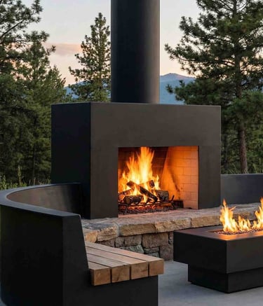 Custom metal outdoor fireplace and seating area