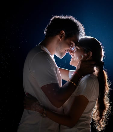 a couple in love at night, with bubbles in the air