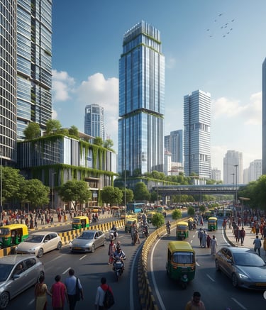 a busy city street with a lot of traffic and people in India