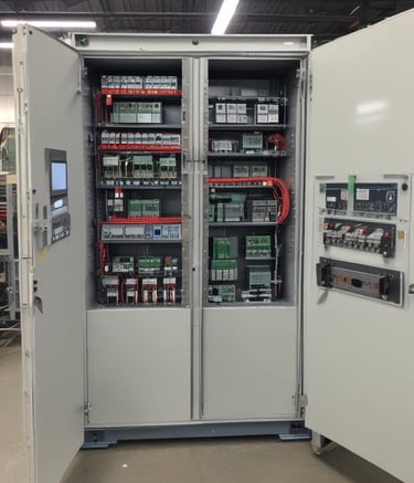 a large industrial steel cabinet with a large amount of electrical equipment