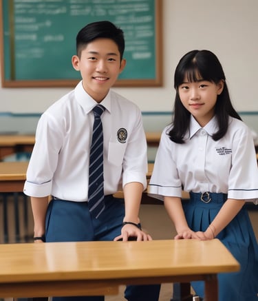 A pair of Chinese students ready to start class in a US boarding school.