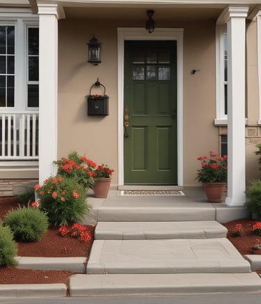 A clean, wide sidewalk leading through a neighborhood lined with trees.