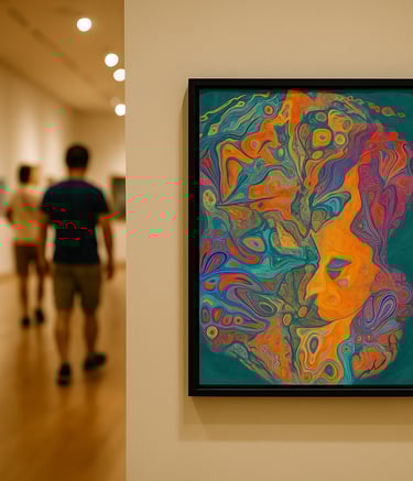 Art therapy exhibit showcasing emotional portraits in a public gallery.