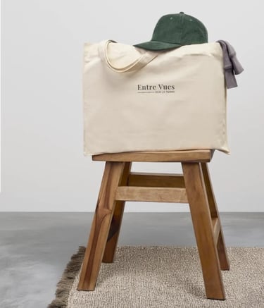 a baggy bag with a hat on top of a stool