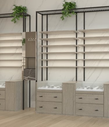 Diseño de interiores para ópticas, mueble expositor con estantes y vegetación decorativa.
