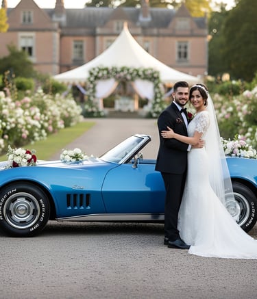 Corvette C3 327 1968 para bodas en España, novios posando frente a coche clásico elegante.