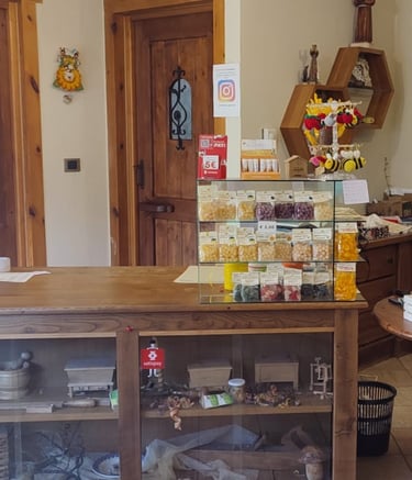 Interno del negozio di Sampeyre della Mieleria Garnero con vista sulla cassa