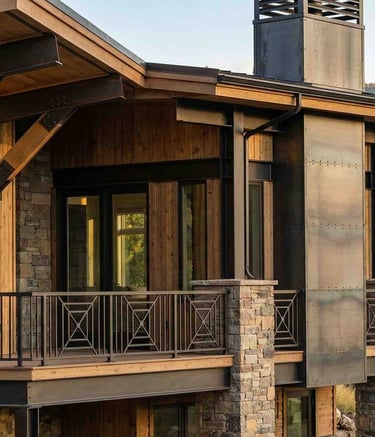 Custom outdoor metal fireplace wrap and railing