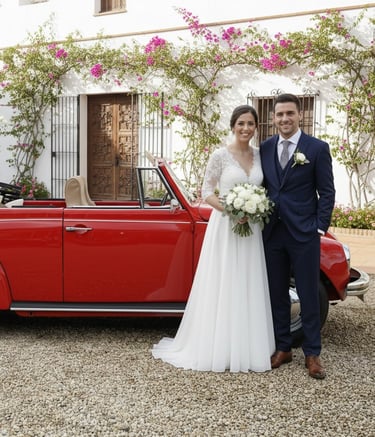 Volkswagen Beetle Cabriolet rojo 1971 para bodas, alquiler de coche clásico con encanto retro en España.
