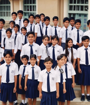 A group of children standing in front of a building