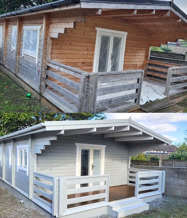 Before and after comparison of a wooden garden log cabin painted with light grey exterior wood stain.