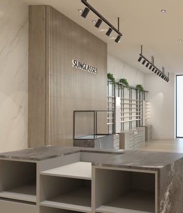 Diseño interior de óptica moderna por MSDecop, con mostradores y estanterías de exposición.