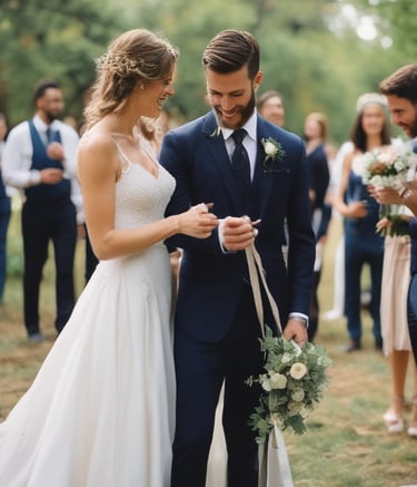 Close-up of hands exchanging wedding rings with blurred floral background