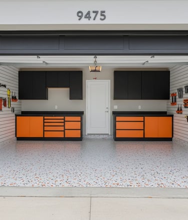 Renevated garage with flake epoxy, Slatwall and cabinet