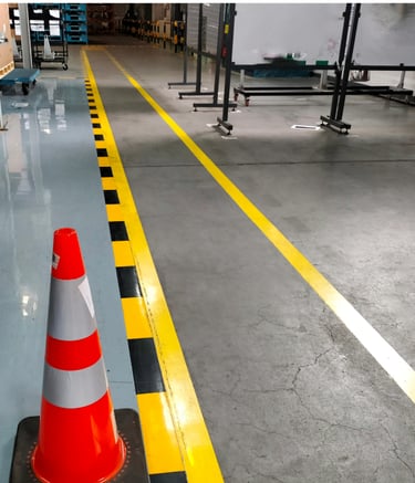 Trabajo de pintura industrial de una fabricas, tras pintar franjas amarillas y negras en el suelo.