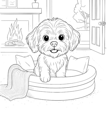 Black and white colouring sheet of Bella in a basket by a fire