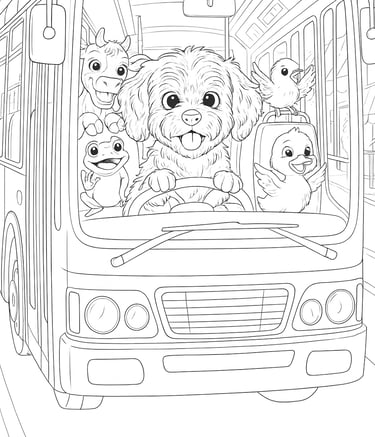 Black and white colouring sheet of Bella on bus with animals.