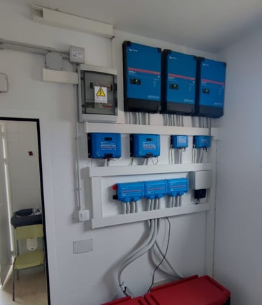 a room with a bunch of blue boxes and some boxes