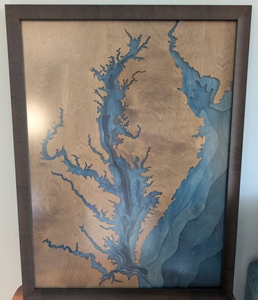 A 3d cut wood map of the Chesapeake Bay