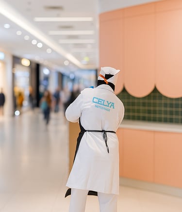 Femme de ménage utilisant une balayette pour nettoyer le sol dans un centre commercial à Casablanca