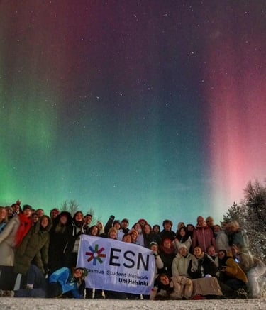 a group of people standing in front of a green and purple sky with auroras in the background