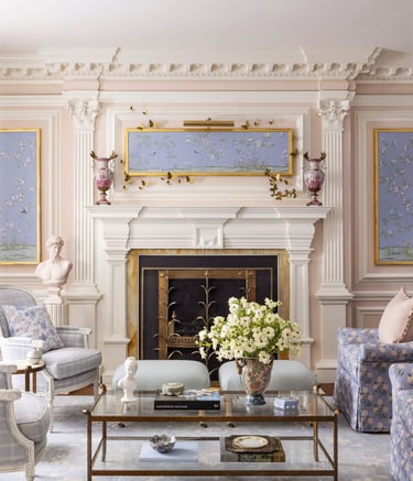 a living room with a fireplace and a fireplace