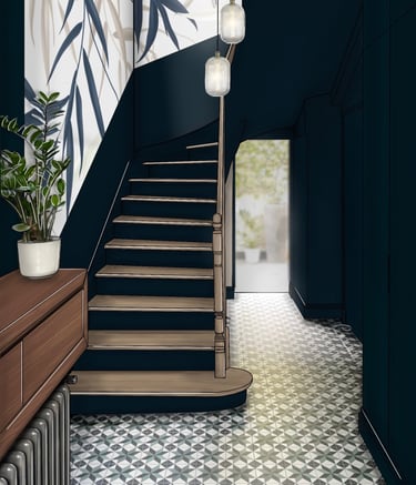 Montée d'escalier avec tapisserie panoramique florale