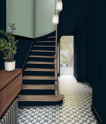 Montée d'escalier avec sous bassement bleu, demarcation noire et peinture verte