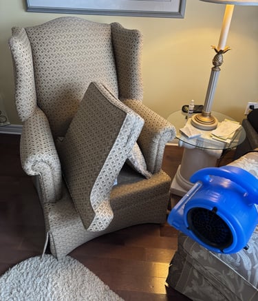 Upholstery cleaning in progress with cushions removed and air mover drying an armchair fabric surfac