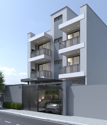 a modern apartment building with a car parked in front of it