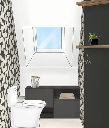 Toilettes en sous pente avec tapisserie noire et blanche