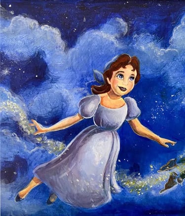 Close-up of hand-painted girl flying through a dark blue sky with gold glitter dust.
