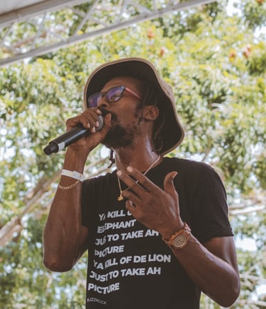 a man in a hat and sunglasses is holding a microphone