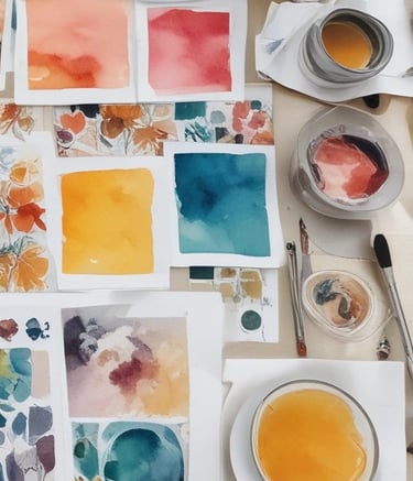 Flat lay of a workspace featuring sketches and fabric swatches.