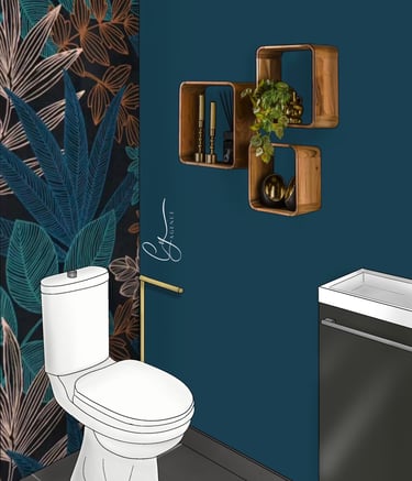 Toilettes bleues avec une tapisserie feuillage dans des couleurs assorties
