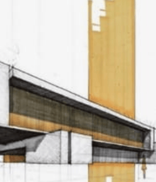 a drawing of a building with a tower in the background