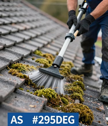 Close-up of a high-quality roof cleaning service in progress. A professional uses advanced equipment to remove moss, revealing clean tiles. The lighting is bright and clear, emphasizing professionalism and high-quality results. Palette includes #295D8D.