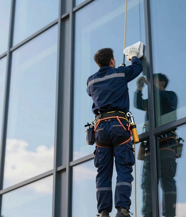 A professional window cleaner in a navy blue (#0E2A47) uniform cleaning the exterior of a high-end modern glass building in Belgium. Bright daylight, crisp reflections of a clean blue sky (#8DBBDC). Professional, safe, and efficient atmosphere.