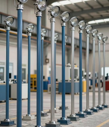 Photography of high-quality steel street lighting poles being manufactured in a modern industrial facility in Riyadh, Middle Eastern / Gulf context, bright natural lighting, metallic slate blue and silver tones.