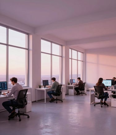A wide-angle shot of a minimalist North American office space with large windows. The lighting is soft and warm, featuring tones of light pink and purple. Professional collaborators are seen from a distance working on innovative mobile designs.