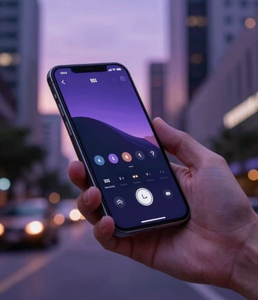 A high-quality lifestyle photograph of a professional using a mobile device in a modern North American urban setting. The device screen glows with a sophisticated interface, and the scene is bathed in a twilight purple hue.