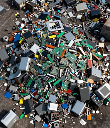 A busy recycling plant with workers sorting electronic waste.